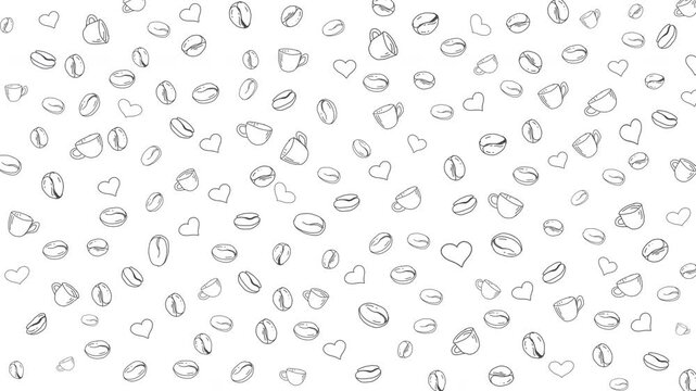 Minimalist line art background with scattered coffee beans, small cups, and hearts drawn in black ink on white. Hand drawn coffee beans loop animation.