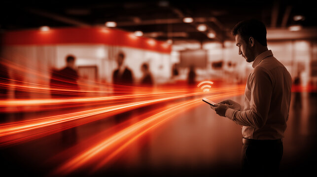 A businessman using a smartphone amid flowing signal lines represents wireless connectivity, mobile communication, and fast digital networking in modern business.

