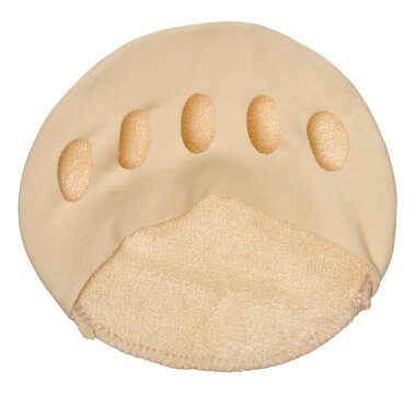 A soft beige foot pad with toe separators on a white background, designed to relieve pressure on the forefoot.