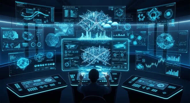 Futuristic control room with holographic displays and advanced data visualization