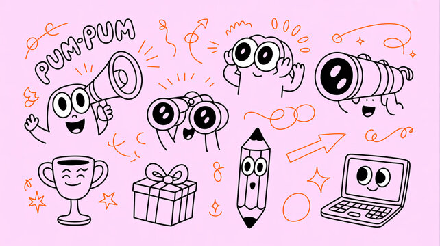 A playful cartoon illustration of various objects with smiling faces and eyes on a pink background
