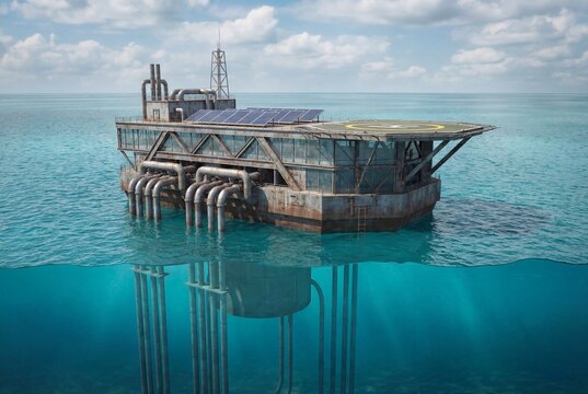 Offshore Ocean Thermal Energy Conversion Platform with Solar Panels Helipad Split View Above Below Water
