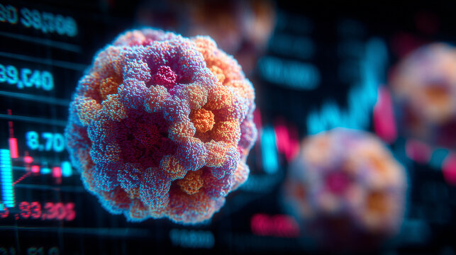 A detailed cell structure against financial data graphics represents biotech innovation, medical research, and the intersection of science with healthcare analytics.
