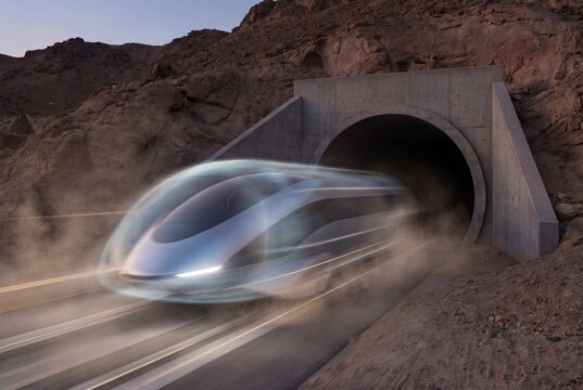Hyperloop Pod Emerging from Desert Mountain Tunnel at High Speed with Motion Blur and Dust Cloud Future Transport