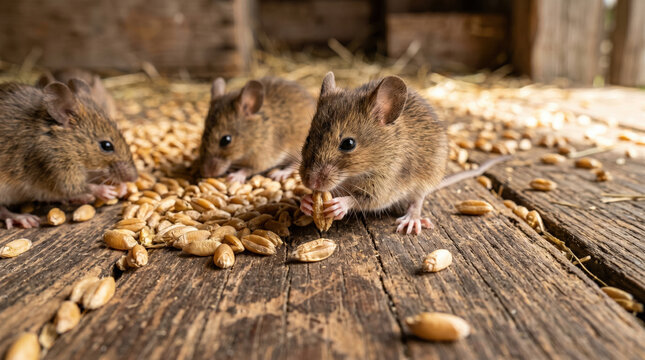 Three mice consume scattered grains on a wooden floor in a rustic environment, highlighting a natural food gathering behavior.