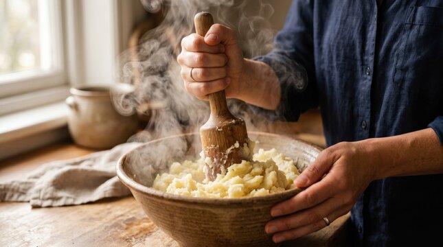 Hot, creamy mashed potatoes are being prepared with a wooden masher in a cozy kitchen. Steam rises from the bowl.