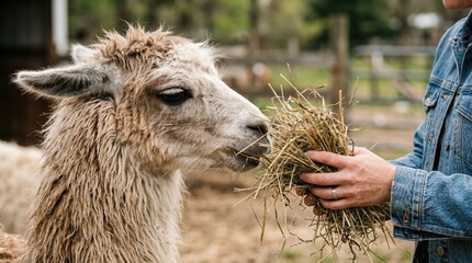 Fototapeta premium A llama enjoys eating hay from a person's hand while standing in a farm setting. Shared moments of care and connection with animals.