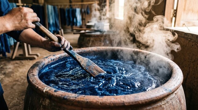 Hands mixing indigo dye (Indigofera tinctoria) in a steaming pot, showcasing traditional dyeing techniques in a craft setting.
