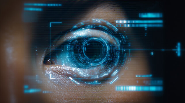 Futuristic biometric eye scan with digital iris interface, cyber security, identity verification, artificial intelligence, data protection, surveillance technology and smart authen