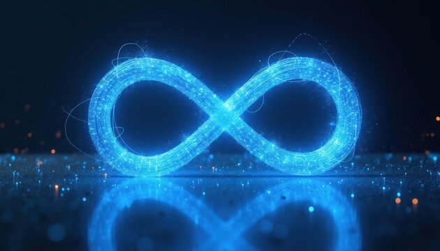 Abstract blue infinity symbol glows with digital particles. Endless loop design for concepts of eternity future tech data and infinity. Futuristic loop.