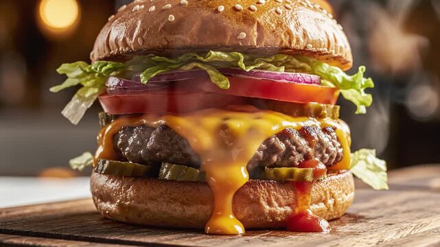 Juicy cheeseburger with melted cheese and fresh vegetables on wood