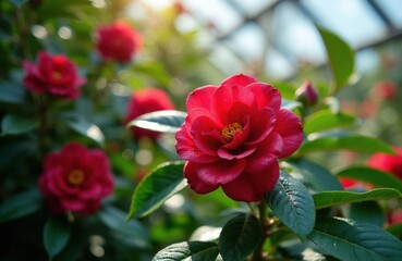 Obraz premium Red camellia flowers bloom in botanical garden. Rich green leaves and buds surround vibrant red petals. Sunlight filters through greenhouse roof creating soft glow.