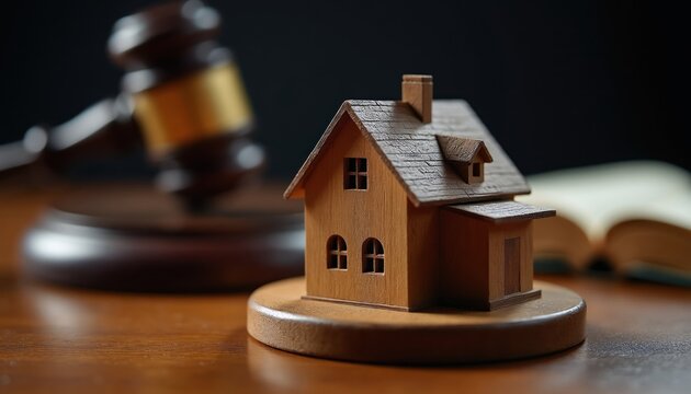 Wooden house model sits on desk near judge gavel and open book. Legal concept of property sale, auction, or court decision for home ownership.