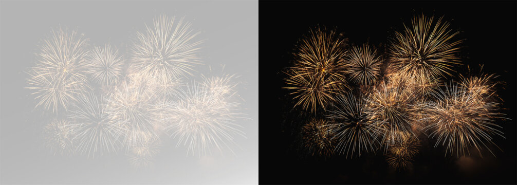 firework display with shimmering golden starbursts and intense glowing energy