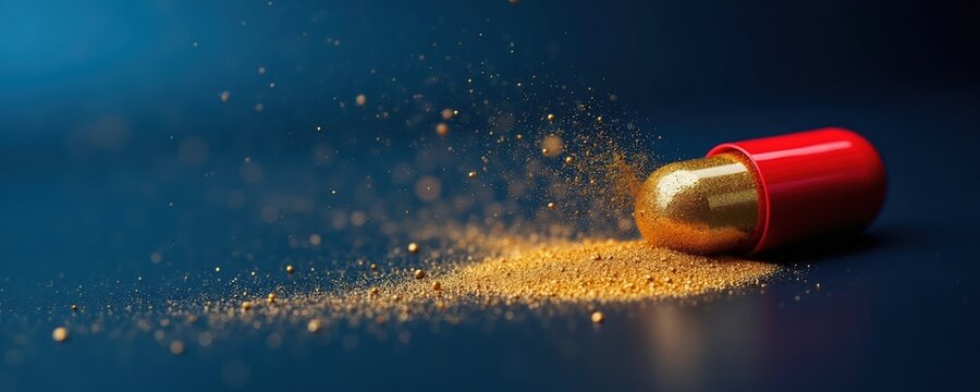 Red and gold capsule explodes with golden powder, pharmaceutical concept. Drug release, medicine effect, healthcare, and science breakthrough.
