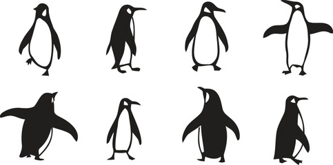 Simple penguin silhouettes showing a penguin with a ball and a scarf in a clean winter vector style © Masuara