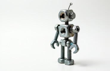 Fototapeta premium Small metal robot figure made of bolts and nuts. This mechanical character stands against a plain white background. It looks like a toy or an art piece.