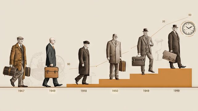Progression of businessmen over time depicted in vector illustration