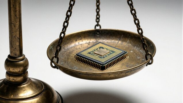 Microchip on antique brass scale pan representing economic value of semiconductor technology