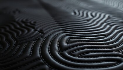 Fototapeta premium Black upholstered surface shows wave pattern made by repeating stitches. Smooth, deep texture creates abstract background with soft, rhythmic lines and tactile feel for interior design.