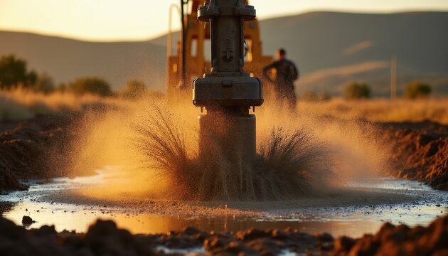 Drilling rig operates in rural field creating muddy water splashes. Worker stands in background as drill digs into earth. Scene lit by warm sunset light, industrial activity against natural landscape.
