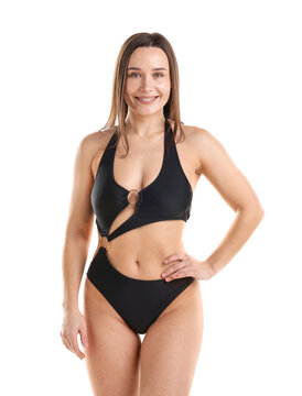Beautiful woman wearing stylish swimsuit on white background