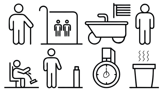 Public Restroom Icons Set &ndash; Toilet, Shower, Wheelchair, Baby, Trash Symbols Vector