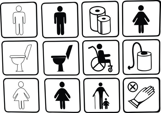 Public Restroom Icons Set &ndash; Toilet, Shower, Wheelchair, Baby, Trash Symbols Vector