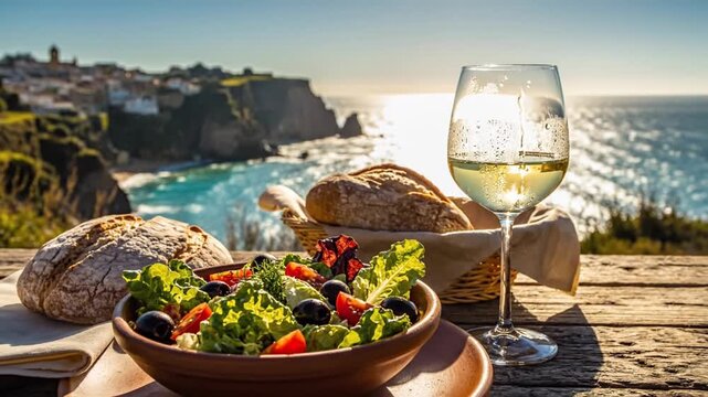 Mediterranean meal with wine overlooking coastal town at sunset