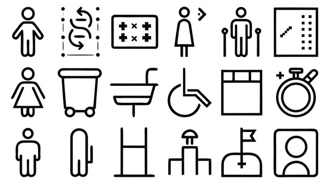 Public Restroom Icons Set &ndash; Toilet, Shower, Wheelchair, Baby, Trash Symbols Vector