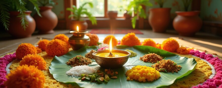 Ugadi festival food spread with sweet, sour, bitter, salty, spicy, and astringent flavors. Marigold flowers and diyas create festive atmosphere. Celebrating new year.