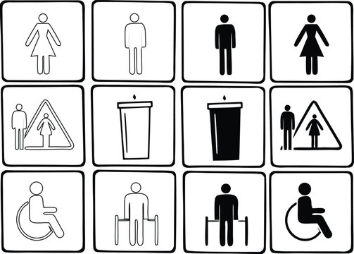 Public Restroom Icons Set &ndash; Toilet, Shower, Wheelchair, Baby, Trash Symbols Vector