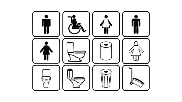 Public Restroom Icons Set &ndash; Toilet, Shower, Wheelchair, Baby, Trash Symbols Vector