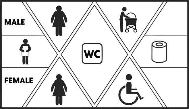 Public Restroom Icons Set &ndash; Toilet, Shower, Wheelchair, Baby, Trash Symbols Vector