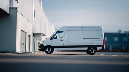 Fototapeta premium White delivery van parked outside a modern warehouse building on a sunny day, showcasing logistics, transport, and commercial services
