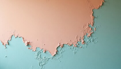 Fototapeta premium Peeling peach paint on blue wall creates abstract texture. Uneven edges suggest damage decay. Visual shows weathered surface with contrasting color scheme. Ideal for backgrounds, conceptual designs.