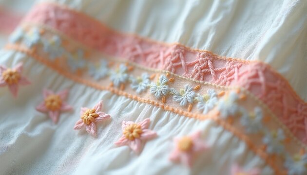 Close view of delicate smock embroidery on creamy white cotton fabric. Pastel threads create floral motifs and decorative patterns. Soft texture and intricate stitching show fine craftsmanship.