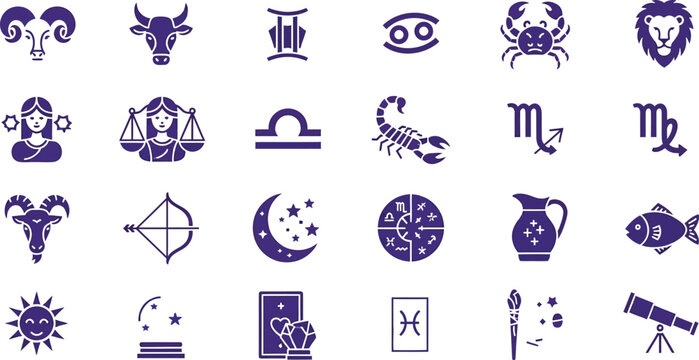 Collection of astrological zodiac and tarot symbols in purple and blue tones Vector