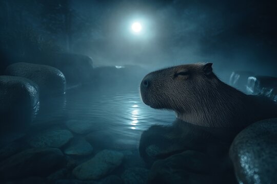 Capybara resting in a moonlight hot spring at night, calm atmosphere, reflective water, tranquill natural scene.
