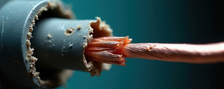 Damaged electrical wire shows frayed copper strands and torn insulation. This hazard requires immediate attention for safety. Inspect wiring regularly to prevent electrical accidents in homes.