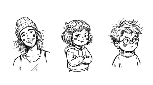 Hand-Drawn Sketch of Three Diverse Children with Happy Expressions - Friendly Kids Line Art Illustration