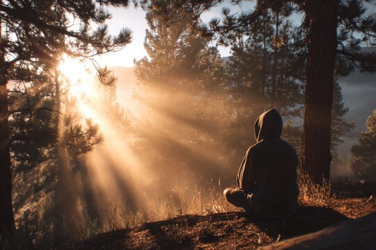 Believer Praying At Peaceful Mountain Retreat