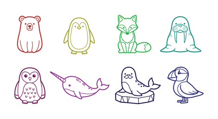 Set of 8 Cute colorful Arctic Animal Outline Icons Including Polar Bear Penguin Fox and Walrus Isolated on White Background © selena