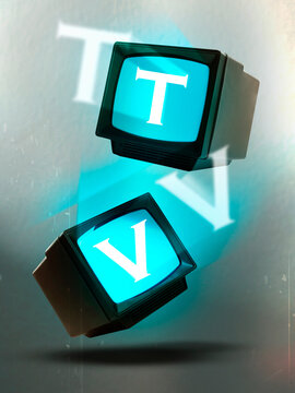 Old TV sets falling on color background. Letters T and V on displays