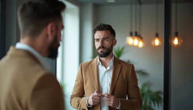 Man in suit practices speech in mirror. Confident businessman prepares for meeting. He adjusts jacket, rehearses indoors with focus and determination.