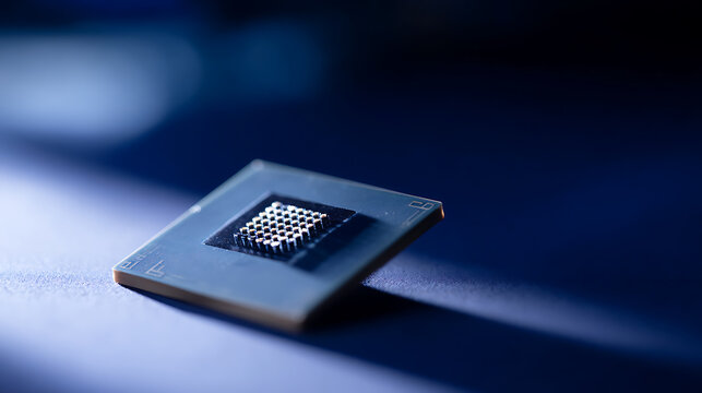 Close up of a square electronic processor with pin grid array, bathed in subtle blue light showcasing advanced technology and microchips