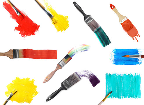 Brushes for painters and decorators isolated on white, set