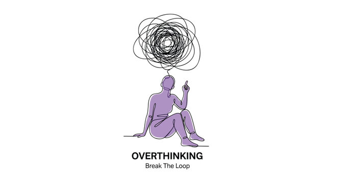 Overthinking, anxiety, stress, mental health, vector illustration, purple, swirling thoughts