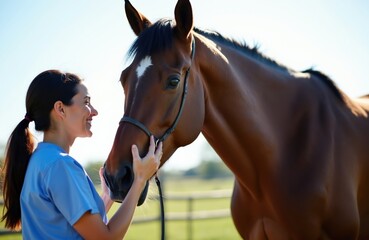 Obraz premium Woman veterinarian in blue uniform gently touches horse muzzle. Vet checks animal health on sunny farm, shows compassion and care. Pro veterinary medicine practice.