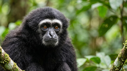 Obraz premium Black gibbon portrait in tropical rainforest close up
